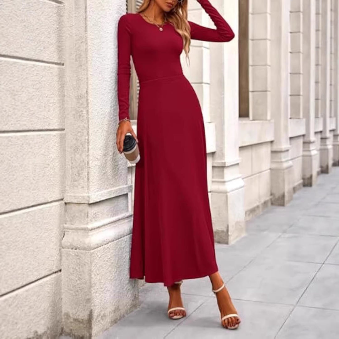 Damen Langärmeliges Maxikleid mit tailliertem Oberteil und fließendem A-Linien-Rock Drune