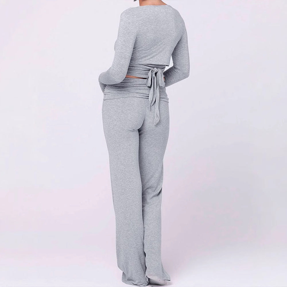 Damen modisches Two-Piece Set mit Wickeloberteil und Schlaghose Drune