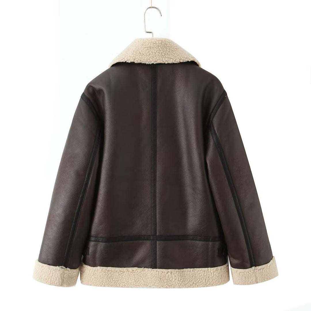 Damen Oversize-Fliegerjacke aus Kunstleder mit Teddykragen und Zipper-Taschen Drune