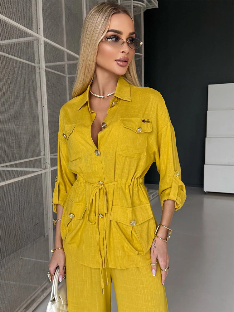 Damen Leinenoptik Utility-Hemdjacke mit Tunnelzugtaillierung und goldenen Zierknöpfen Drune