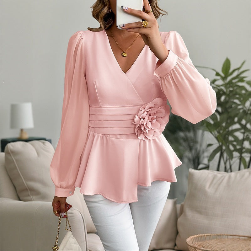 Damen Elegantes Oberteil mit Rüschendetails und Blumenapplikation Drune