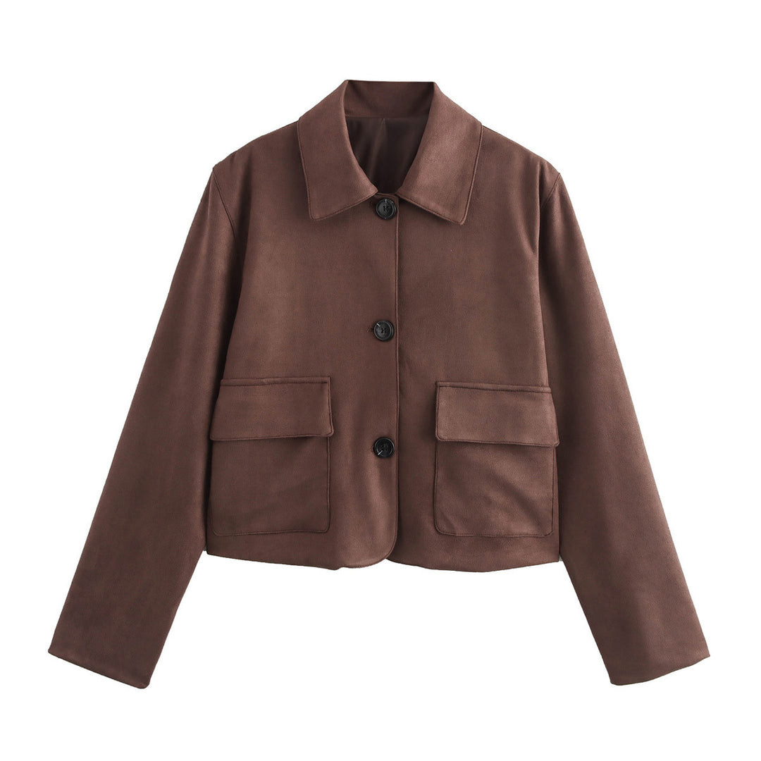 Damen nan cropped Kurzjacke aus Veloursimitat mit Pattentaschen und Hemdkragen Drune