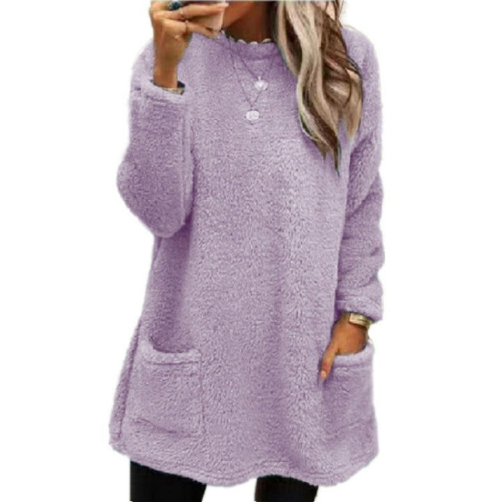 Damen nan kuscheliger langer Teddy-Pullover Oversize mit Rundhalsausschnitt und Eingrifftaschen Drune