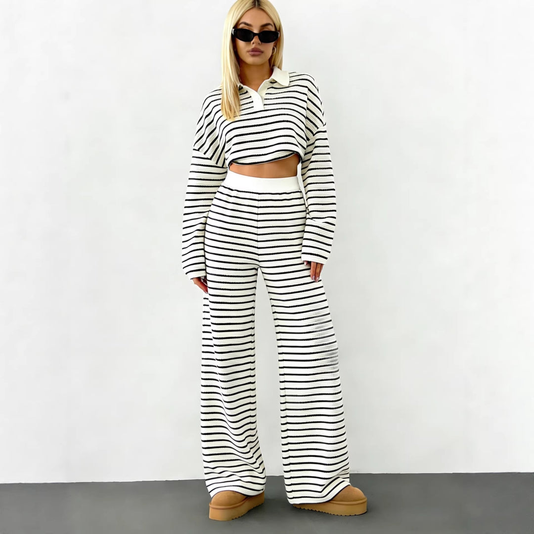 Damen Gestreifter Strickpullover mit Polokragen und Oversize-Ärmeln Drune