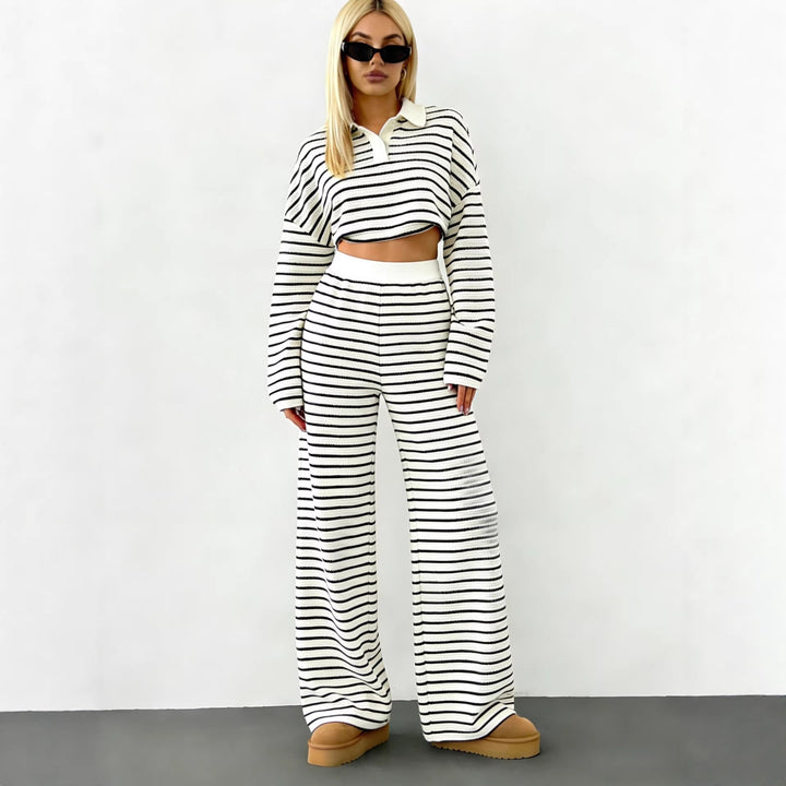 Damen Gestreifter Strickpullover mit Polokragen und Oversize-Ärmeln Drune