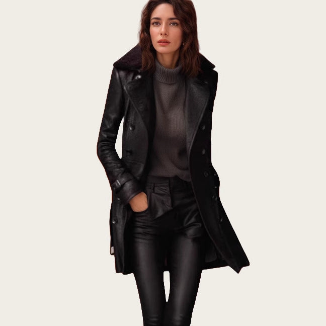 Damen edler Leder-Trenchcoat mit verschließbarem Kragen und raffinierten Details Drune