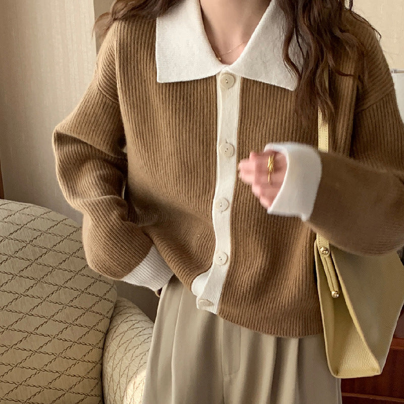 Damen gemusterter Strickjacke mit schickem Kragen und dekorativen Knöpfen Drune