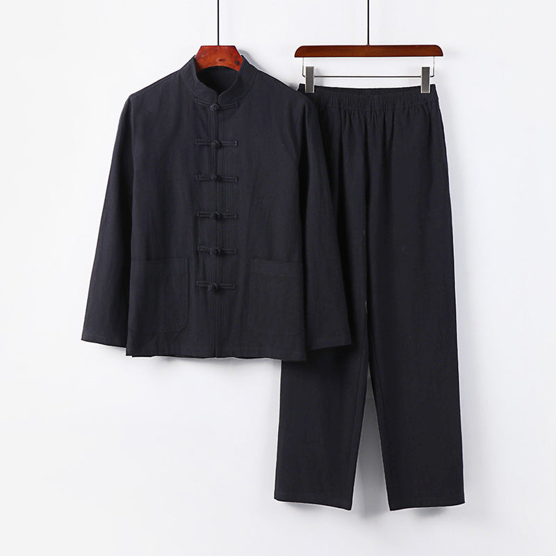 Herren Lockeres Hanfu-inspiriertes Freizeit-Set mit Stehkragen und Knotenverschlüssen Drune