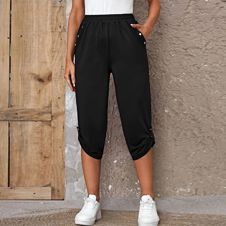 Damen nan lässige dreiviertellange Hose mit elastischem Bund, Eingrifftaschen und krempelbarem Saum Drune