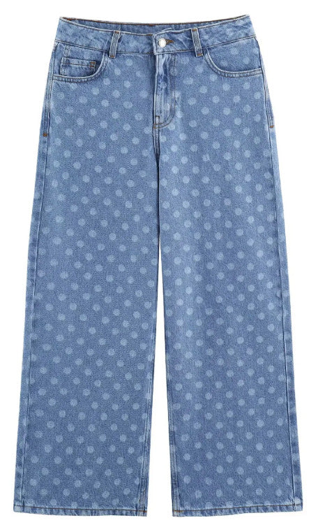 Damen Weite High‑Waist Culotte-Jeans mit verkürztem Bein und tonalem Punktemuster Drune