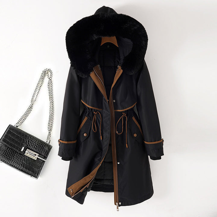 Damen nan langer Parka mit Kunstfellkapuze Taillenzug und kontrastierten Paspeln Drune