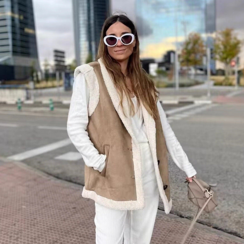 Damen warme Fleece-Weste mit klassischem Kragen und praktischen Taschen Drune