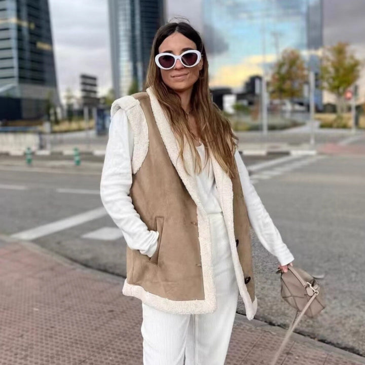 Damen warme Fleece-Weste mit klassischem Kragen und praktischen Taschen Drune