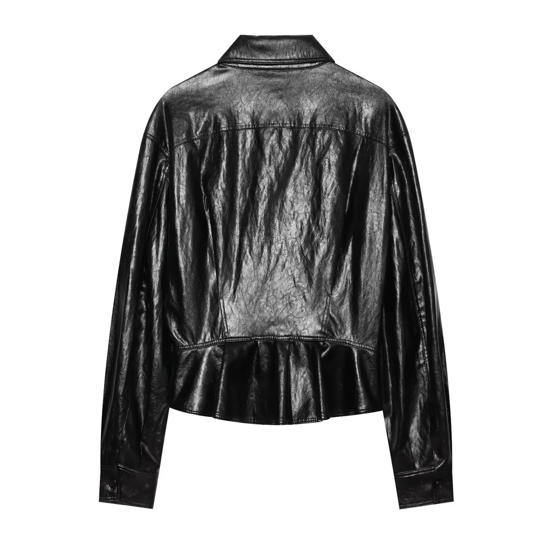 Damen Kurzjacke im Blusenstil aus veganer Lederoptik mit Brustklappen und tailliertem Saum Drune
