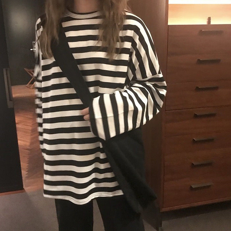 Damen gestreiftes Langarmshirt mit weitem Schnitt und modernen Details Drune