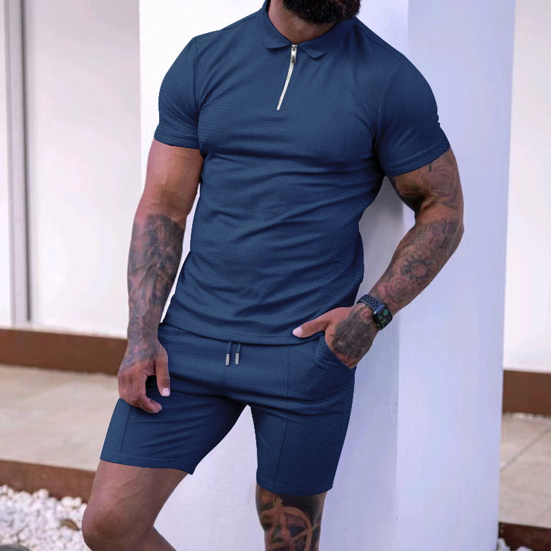 Herren modisches Polo- und Shorts-Set mit strukturiertem Gewebe und funktionalem Reißverschluss Drune
