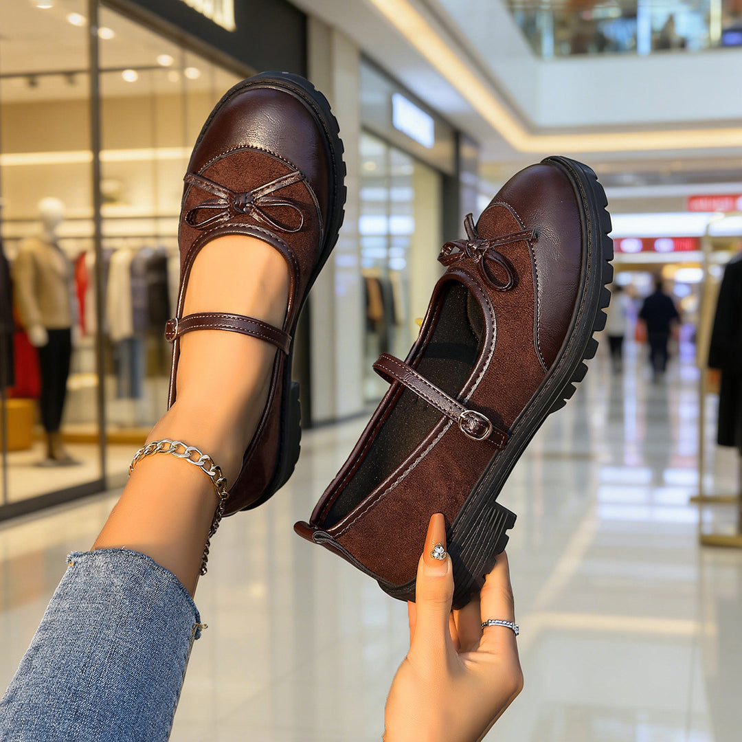 Damen nan Vintage-inspirierte Mary-Jane Ballerinas mit Leopardenvelours, Zierschleife und profilierter Gummisohle Drune