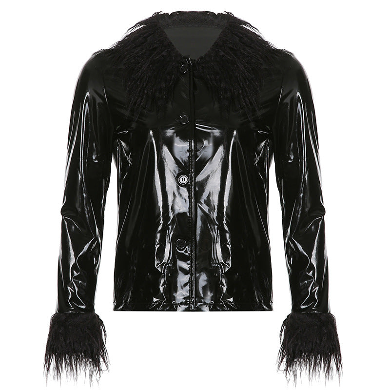 Damen modische Jacke mit luxuriösem Kunstpelzkragen und glänzender Oberfläche Drune