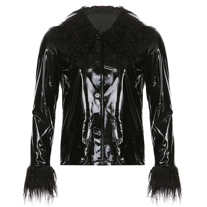 Damen modische Jacke mit luxuriösem Kunstpelzkragen und glänzender Oberfläche Drune