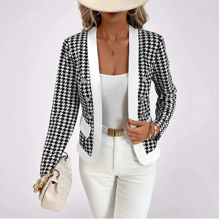 Damen Moderne Blazerjacke mit Hahnentrittmuster und eleganten Knöpfen Drune