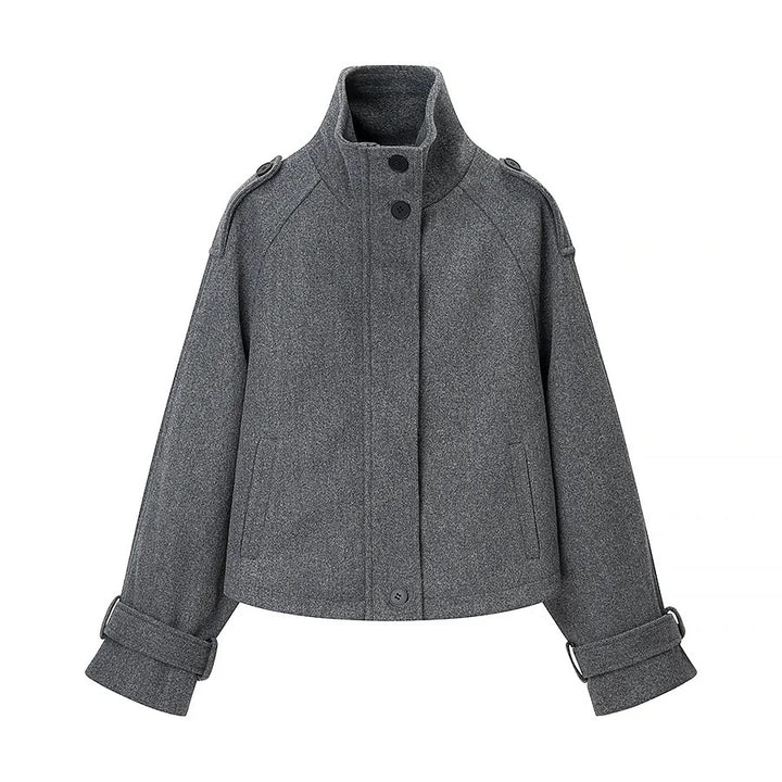 Damen nan kurze boxy Wollmixjacke mit hohem Stehkragen, Schulterpatten und verstellbaren Schnallenmanschetten Drune