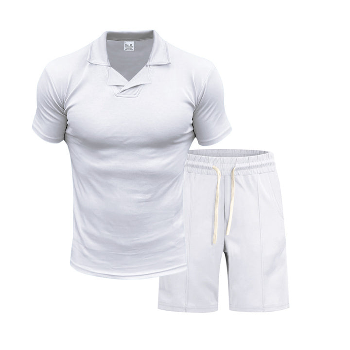 Herren nan kurzärmeliges Polo-Lounge-Set mit V-Einsatz am Kragen und Kordelzug-Bermuda Drune