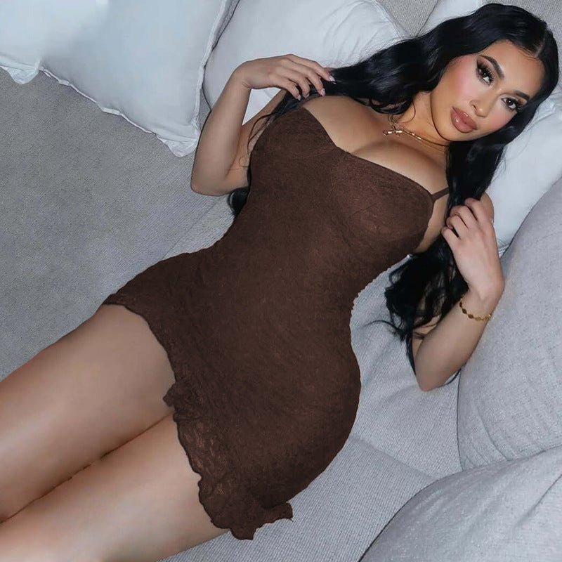 Damen figurbetontes Spitzenkleid mit verführerischem Bustier-Ausschnitt und dekorativem Saum Drune