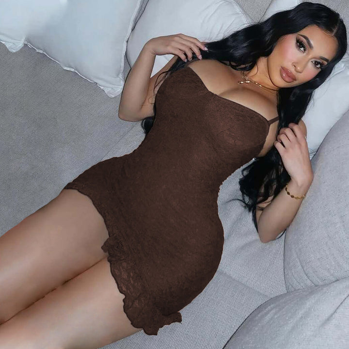 Damen figurbetontes Spitzenkleid mit verführerischem Bustier-Ausschnitt und dekorativem Saum Drune