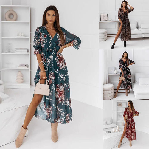 Drune | Kurzarm Split Chiffon Bedrucktes Maxikleid