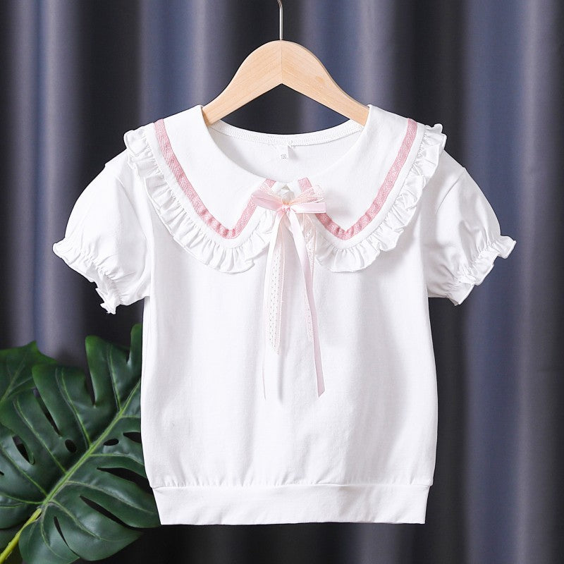 Mädchen T-Shirt mit rüschenverziertem Kragen und Schleifenakzenten Drune
