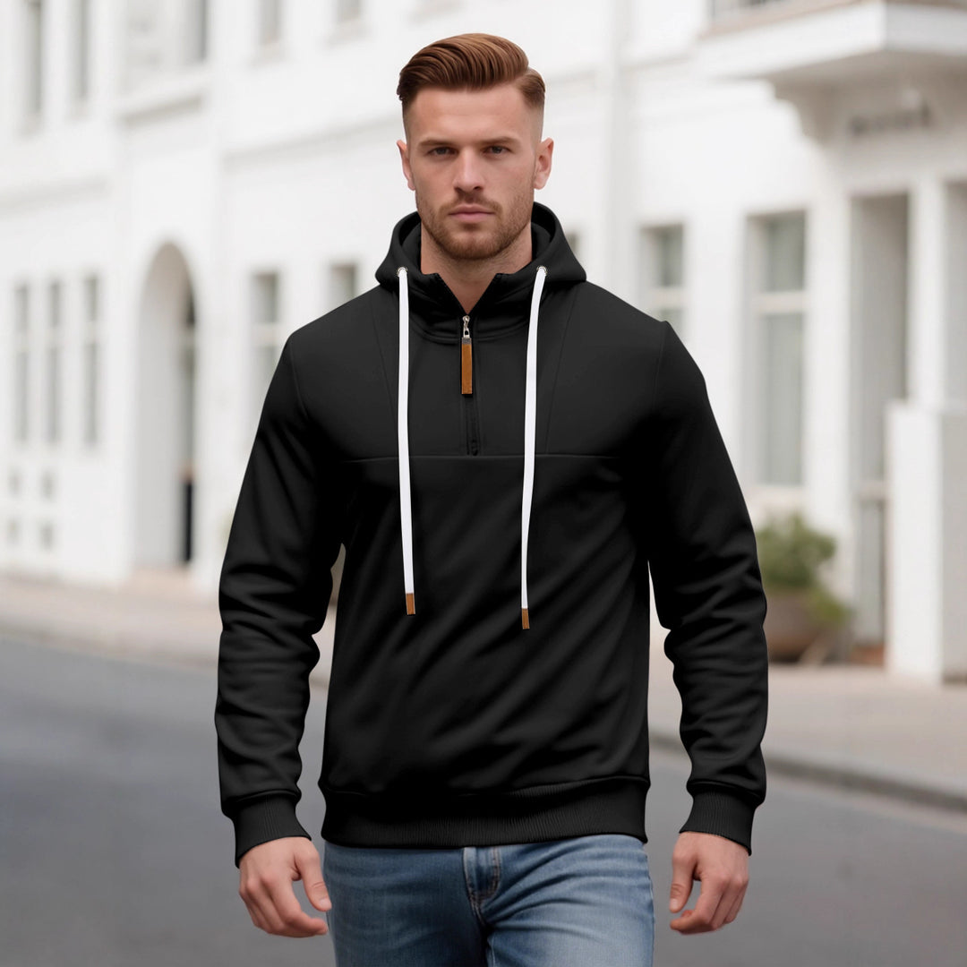 Herren Halbzip-Kapuzenpullover mit Stehkragen, Kordelzug und Lederdetails Drune