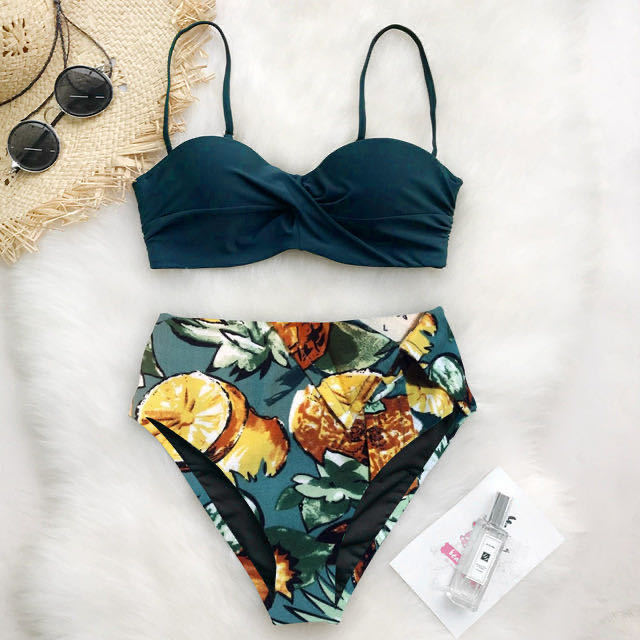 Damen Hochtailliertes Bikini-Set mit Raffungen und floralem Design Drune