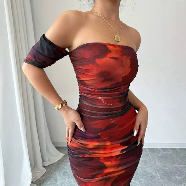 Damen elegantes Off-Shoulder Kleid mit raffinierten Rüschen Drune