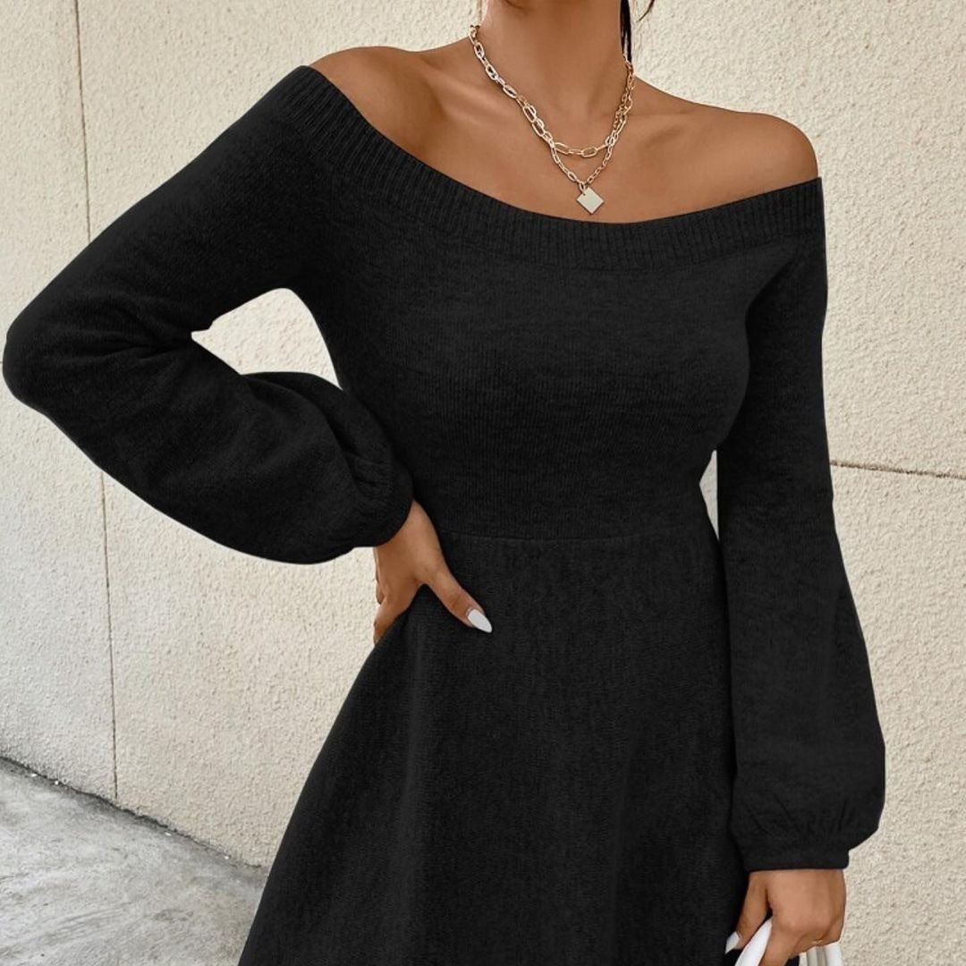 Damen Schulterfreies Feinstrick-Kleid mit taillierter Passform und Ballonärmeln Drune