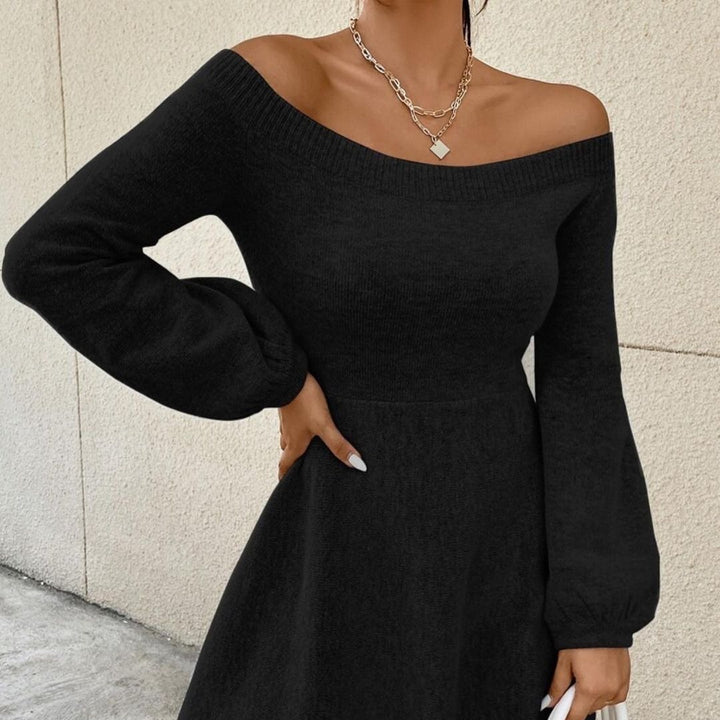 Damen Schulterfreies Feinstrick-Kleid mit taillierter Passform und Ballonärmeln Drune