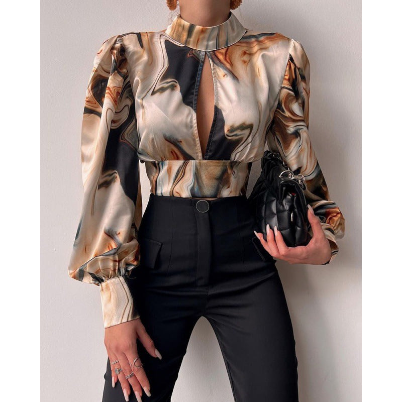 Damen elegante Bluse mit einem raffinierten Schlüsselloch-Ausschnitt und voluminösen Ärmeln Drune