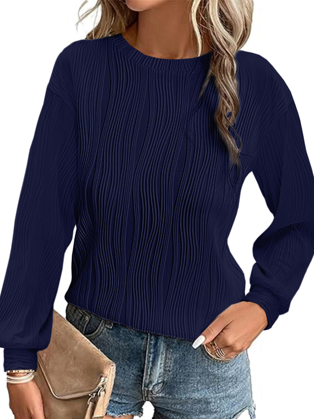 Damen Plissiertes Feinstrick-Longsleeve mit Rundhalsausschnitt Drune