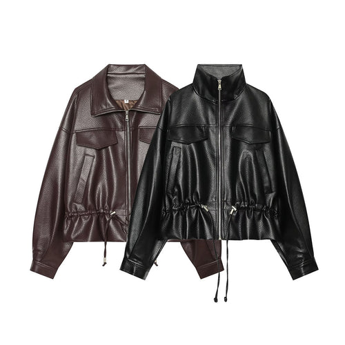 Damen Cropped Kunstlederblouson mit hohem Stehkragen, Pattentaschen und Tunnelzug Drune