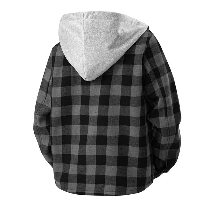 Herren kariertes Sherpa-gefüttertes Overshirt mit Kapuze, Brusttasche und Druckknopfverschluss Drune