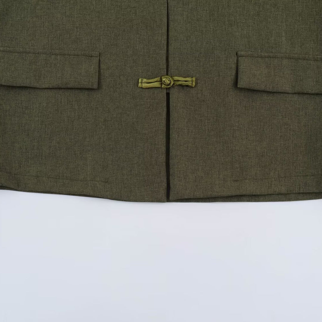 Damen Boxy Leinenblend-Jacke mit Stehkragen und chinesischen Knebelverschlüssen Drune