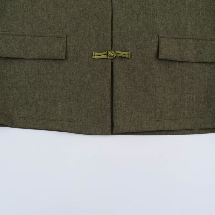 Damen Boxy Leinenblend-Jacke mit Stehkragen und chinesischen Knebelverschlüssen Drune