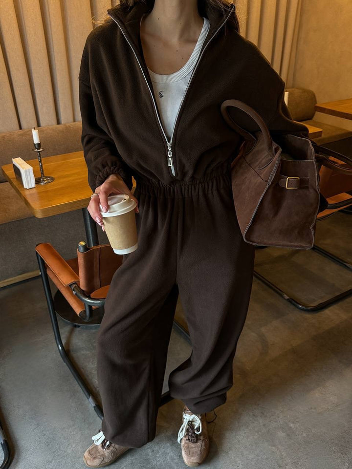 Damen Lässiger Fleece-Hausanzug mit Zip-Kapuze und elastischem Taillenbund Drune