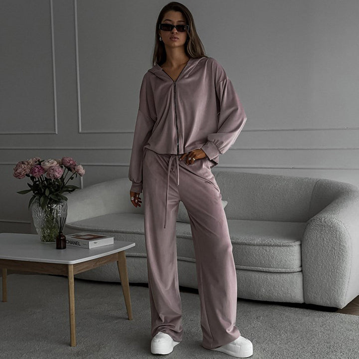 Damen kuscheliges Velours-Zweiteiler mit kurzem Reißverschluss-Hoodie, Tunnelzugbund und weitem Palazzo-Jogger Drune