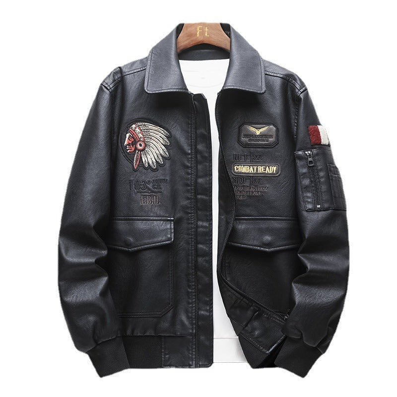 Herren Piloten‑Bomberjacke aus Kunstleder mit gestickten Patches und Rippbündchen Drune