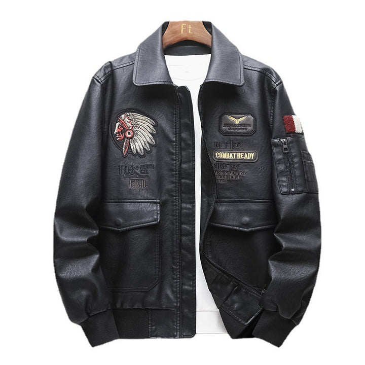Herren Piloten‑Bomberjacke aus Kunstleder mit gestickten Patches und Rippbündchen Drune