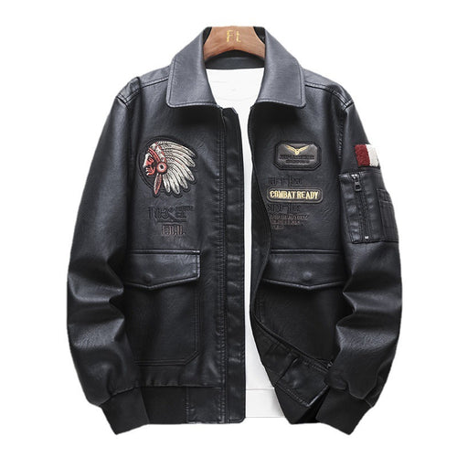 Herren Piloten‑Bomberjacke aus Kunstleder mit gestickten Patches und Rippbündchen Drune