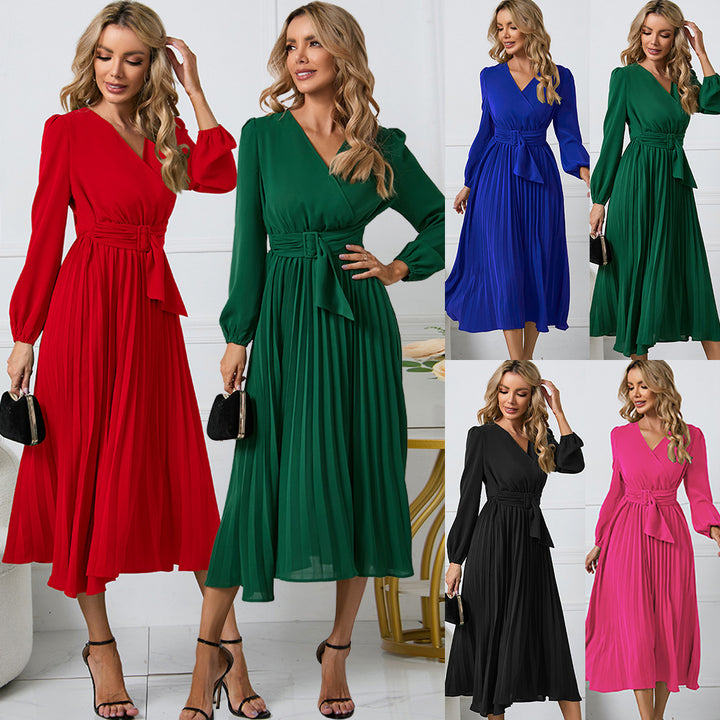 Damen Wickelkleid mit Plissee-Design und eleganter Taillengürtel Drune