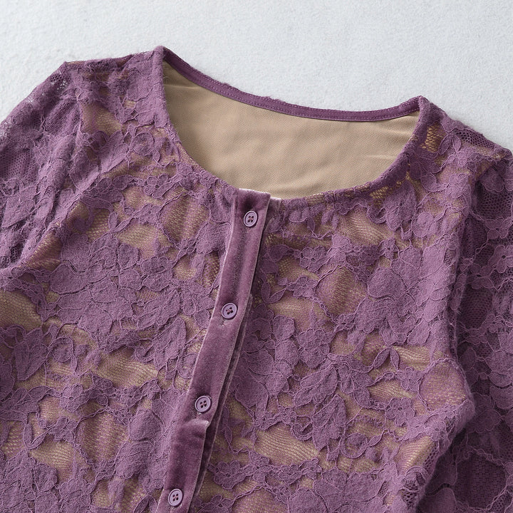 Damen Feiner Spitzen-Cardigan mit passendem Untertop und Samtbesatz Drune