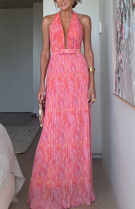 Damen Plissiertes Maxikleid mit tiefem Ausschnitt und elegantem Gürtel Drune