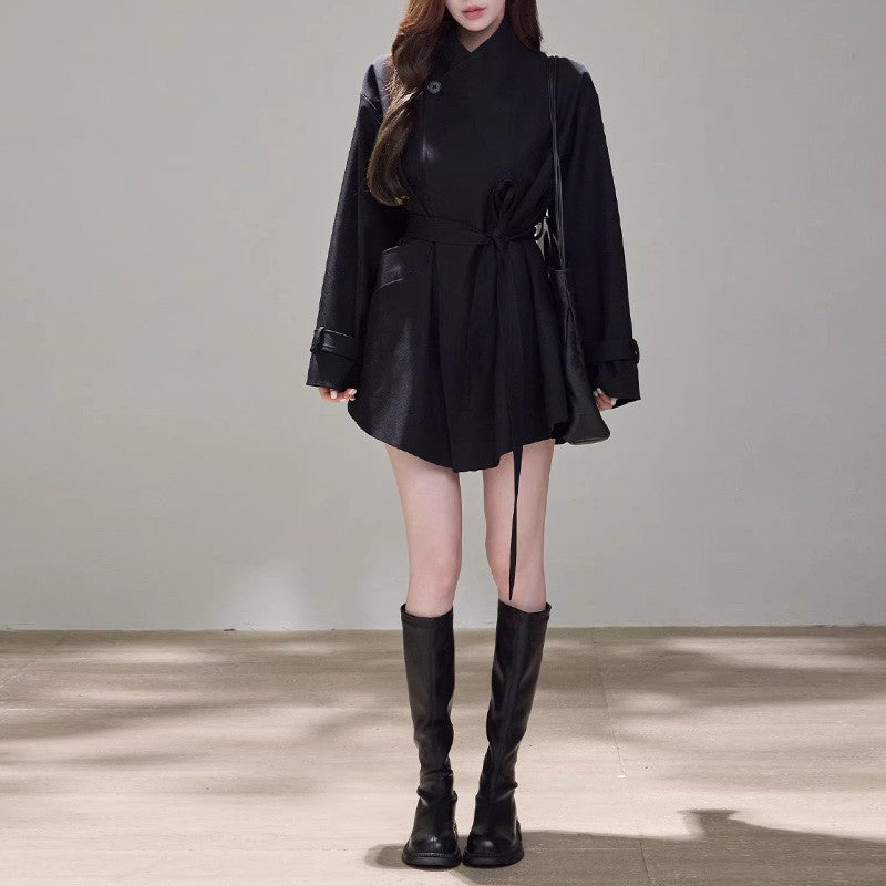 Damen Kurzes Wickelmantel-Kleid mit Taillengürtel und legerer A-Linie Drune